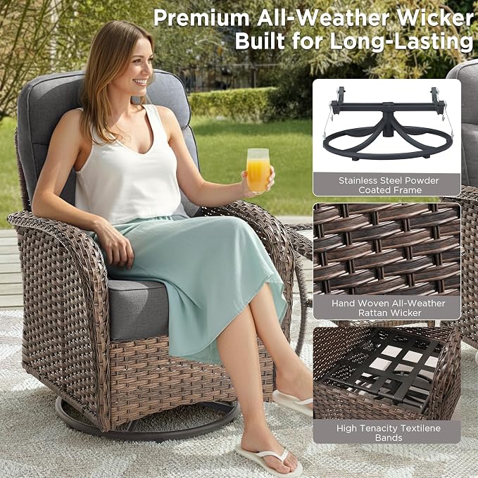 Luxury Wicker Patio Furniture Set with 6-Inch Thick Cushions, 6 Pieces Outdoor Swivel Rocker Patio Chairs Set of 4 with Rattan Side Table, Ooutdoor Patio Conversation Sets for Garden Porch Deck, Gray