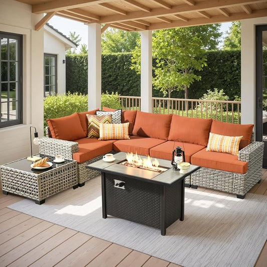 7 Pcs Outdoor Sectional Patio Furniture Set with Fire Pit Table - All Weather Wicker Modular L Shaped Outside Sectional Couch,Patio Seating Outdoor Conversation Sets for Deck Yard Garden,Orange Red