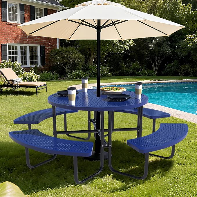 46-inch Heavy-Duty Outdoor Steel Round Picnic Table, Portable Commercial-Grade Picnic Table with Parasol Hole, Sturdy and Durable, Ideal for Garden and Patio Barbecues (Blue - Round)