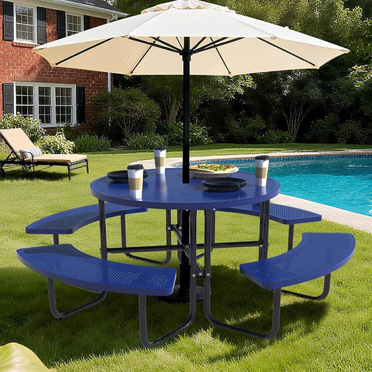 46 Inch Round Metal Picnic Table with 1.78" Umbrella Hole, All Weather Rust-Proof Metal Frame, Mesh Tabletop, Seats Up to 8 People, Easy Assembly for Patio, Backyard, Camping & BBQ, Blue
