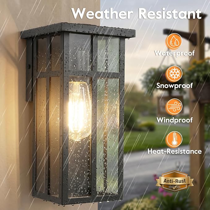 Outdoor Wall Light Fixtures, Modern Black Porch Wall Lanterns | Waterproof Construction & Durable Metal, Rust-Resistant, Quick & Easy Installation, Clear Glass Shades & Standard E26 Socket