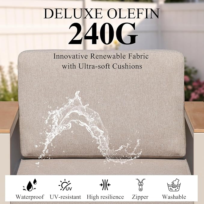 3-Piece Balcony Patio Furniture Set, Aluminum Outdoor Chair Set with 2 Single Patio Chairs & Coffee Table, 1.5mm Thick Rustproof Frame, Waterproof Removable Cushions for Small Balcony Front Porch