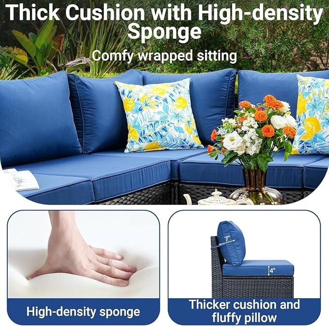 9-Piece Patio Furniture Set with All-Weather Wicker Sectional Sofa, Rattan Outdoor Conversation Seating with Cushions, Tempered Glass Coffee Table and Ottoman for Porch and Garden Relaxation(Blue2)