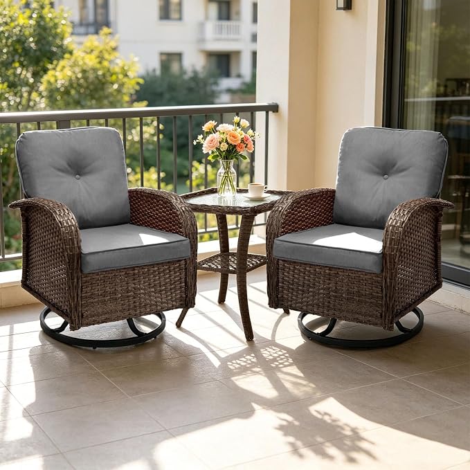 SHGJ&SOFT All Weather Patio Furniture Set, High Back Swivel Rocker Glider Chairs，Ottomans & Glass Tables, Outdoor Conversation Set for Deck Porch Yard Poolside (Grey, 3PCS-Swivle Chairs&Table)