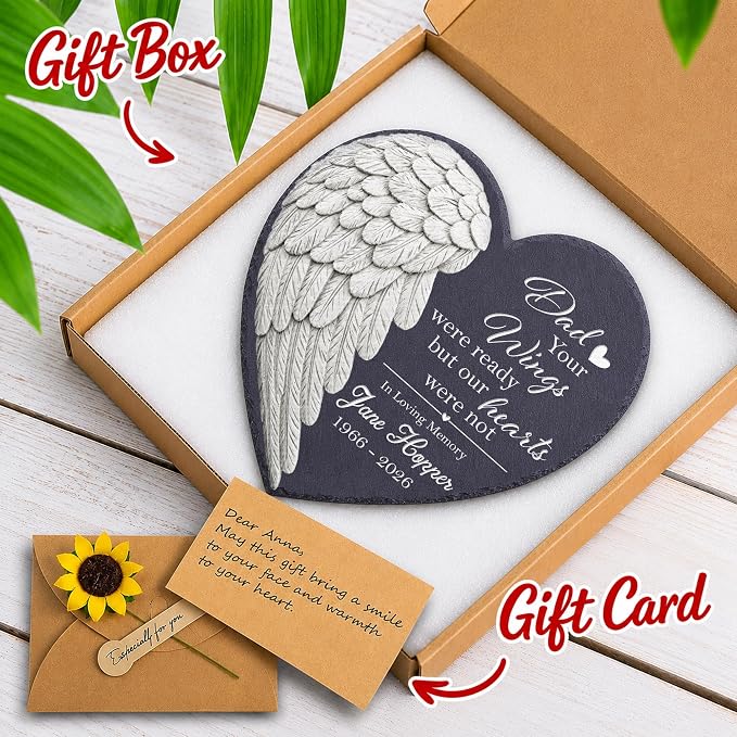 Custom Memorial Garden Stone for Loss of Loved One, Angel Wing Garden Stones in Memory of Dad Mom, Sympathy Gift Fathers Day, Weatherproof Outdoor Memorial Plaque Stones, Remembrance Natural Stone