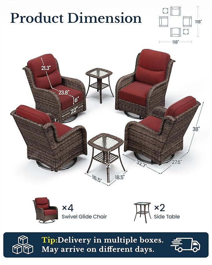 HILLGA 6-Piece Luxury Patio Furniture Set with 6" Thick Cushions, Weather-Resistant Wicker High Back Swivel Rocker Chairs, Senior-Friendly Conversation Set for Small Porch and Deck, Burgundy(V2)