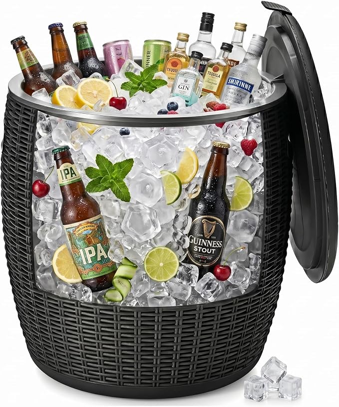 Zapdos 9.5 Gallon Outdoor Cooler Table, 4-in-1 Patio Side Table Cooler and Wicker Storage Stool, 330lbs Capacity Lid
