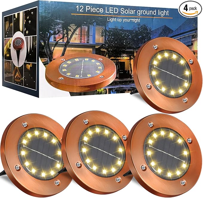 JKIMK Solar Ground Lights Outdoor Waterproof Flat Garden Solar Disk Lights Outdoor Floor Lights 12 LED 4 Pack for Garden Patio Pathway Landscape Driveway Yard Path Decor | Solar Disc Lights 12 Led Driveway Lights Solar Powered 16 Pack for Garden Patio ...