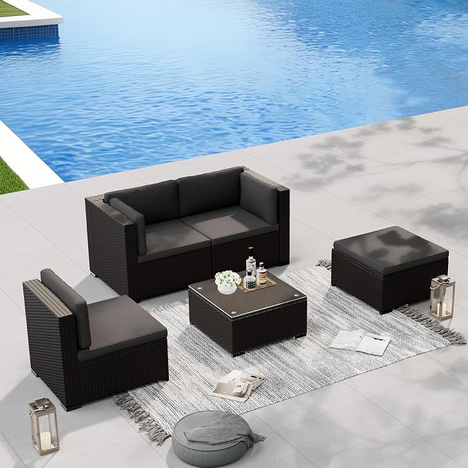 Oakcloud 5-Piece Outdoor Patio Furniture Sofa Set Black Rattan Wicker Sectional Conversation Sets with Glass Top Table and Cushions(Grey)