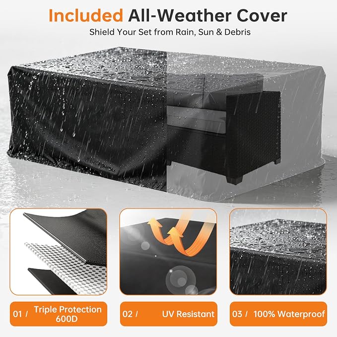LazySunsets 1-Piece Outdoor Patio Furniture Set, Rattan Outdoor Sectional with Thick Waterproof Cushions, Waterproof Cover, Patio Conversation Set for Garden, Backyard, Porch, Grey