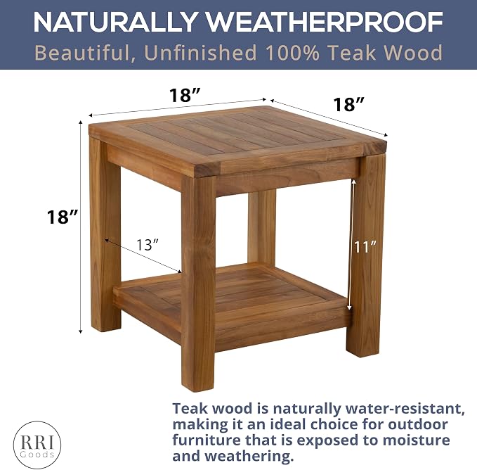 Teak Wood Side Table with Storage - Teak Oil Finish Indoor and Outdoor Wooden Furniture for Deck, Porch, Balcony, Living Room, Bedroom and Backyard (18" D x 18" W x 18" H)