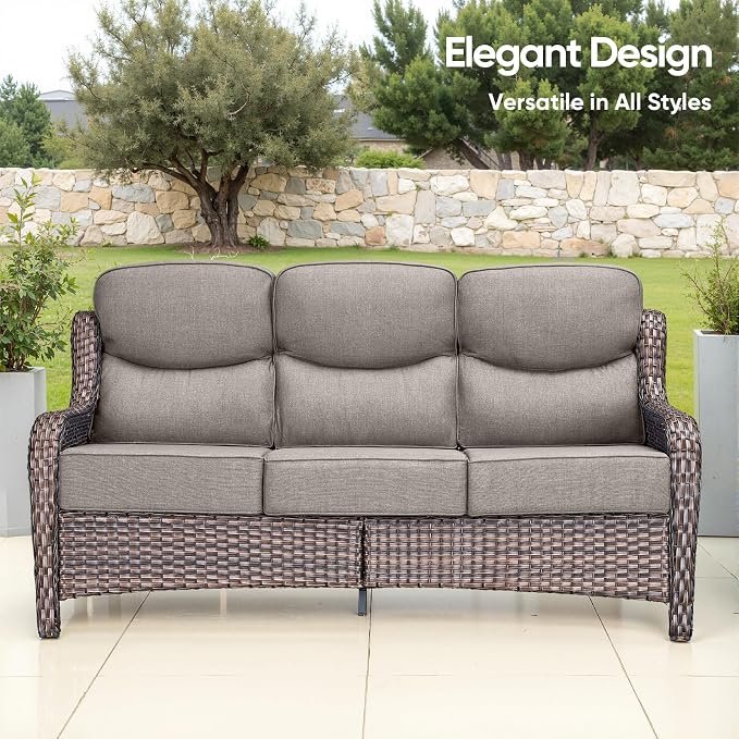 Swivel Patio Chairs sofa Set of 8 with 6" Thick Cushion - Wicker Outdoor Swivel Rocker Patio Chair ,Sofa/Glass coffee table, High Back Comfortable Outdoor Glider Chairs - Brown Wicker | Gery Cushions