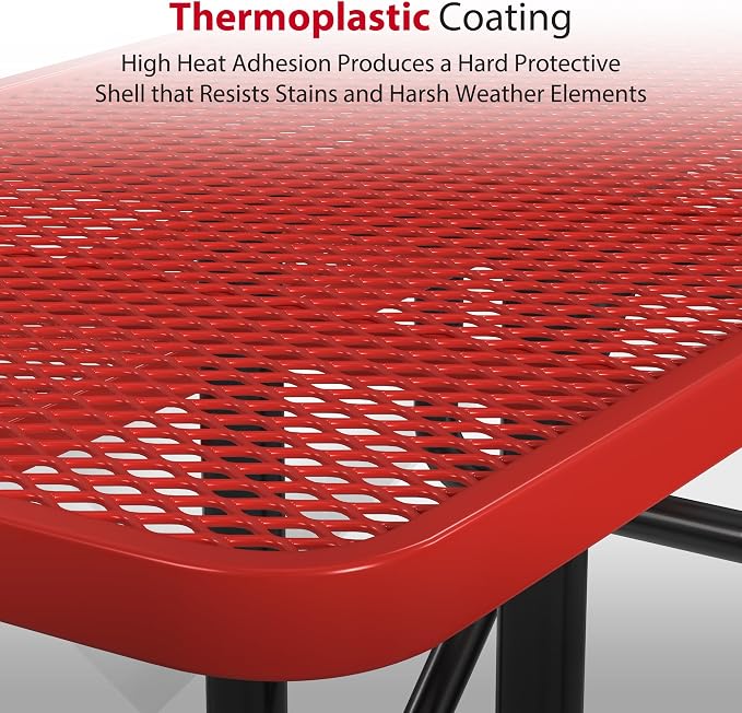 Leisure Craft Metal Picnic Table with Bench - 8 ft Rectangle Outdoor Dining Table with Umbrella Hole, Heavy Duty Thermoplastic Coating, ADA Compliant, Commercial Grade Furniture Made in USA - Red