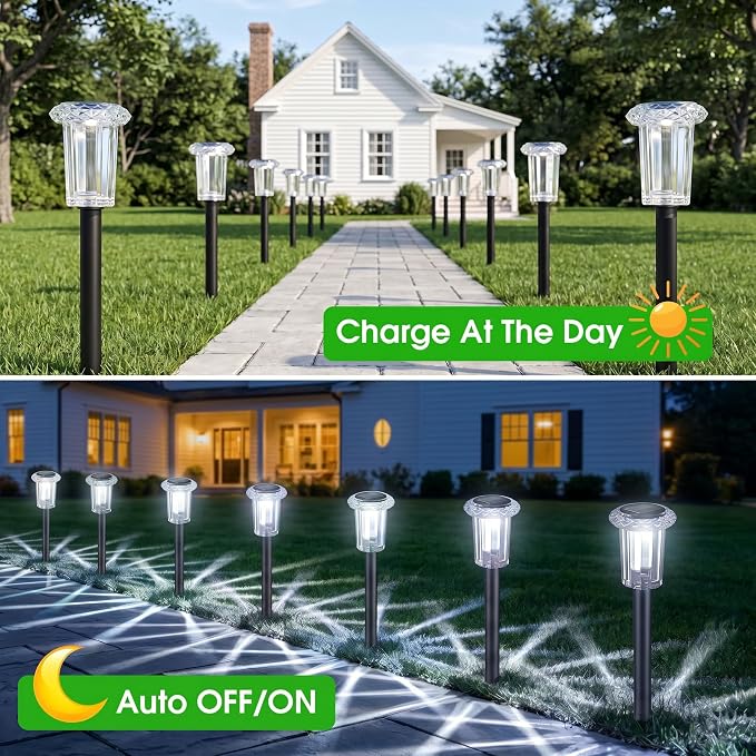 Eyrosa Solar Pathway Lights Outdoor Waterproof, 10 Pack Cool White Solar Garden Lights, Diamond-Cut Starlight Decor, Stake Lighting for Yard Path Walkway Driveway Patio Lawn Outside