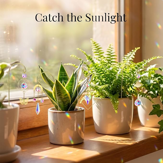 6pcs Crystal Suncatchers with Gold Small Trellis for Mini Potted Plants | Indoor Plant Accessories,7'' Garden Stakes Sun Catchers For Home Whimsical Decor,Christmas Gift for Gardening Enthusiasts