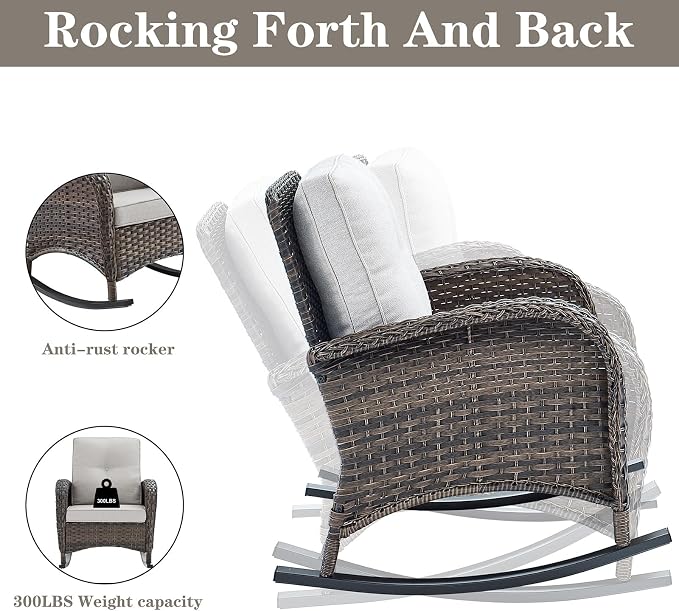 5 Pieces Patio Furniture Set with 50000 BTU Propane Fire Pit Table, All-Weather Patio Rocking Chairs, Loveseat Glider and Side Table for Outdoor Conversation Deck Backyard Poolside Beige