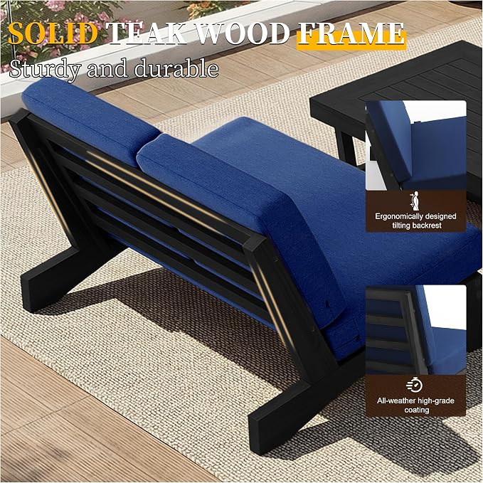 5 Pieces All Weather Black Wood Patio Furniture Sets, 2 Patio Loveseat, 2 Patio Bistro Chair, Outdoor Sectional Sofa Furniture Backyard Conversation Set with Coffee Table - Navy