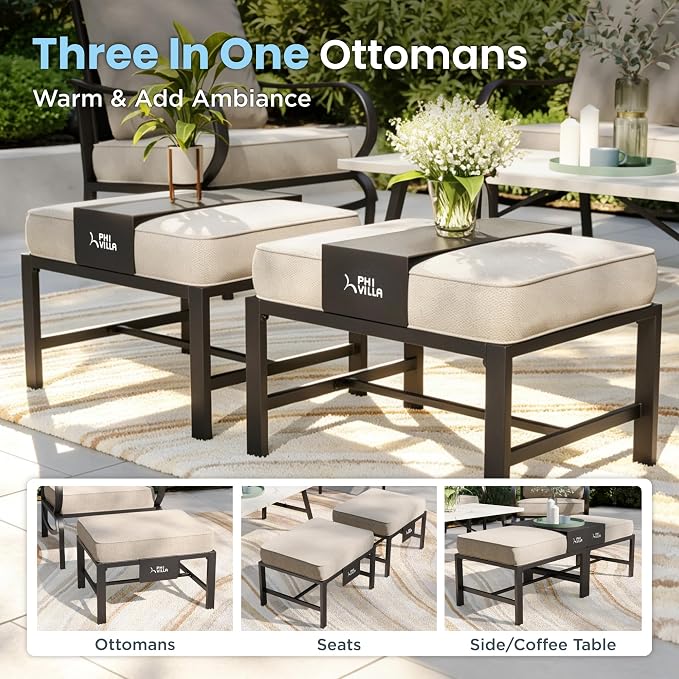 PHI VILLA 8 PCS Patio Furniture Set with Fire Pit Table,Metal Outdoor Furniture with 3-Seat Bench Sofa, Swivel Sofa Chairs, Leg Chair & Ottoman, Modern Patio Set, Beige
