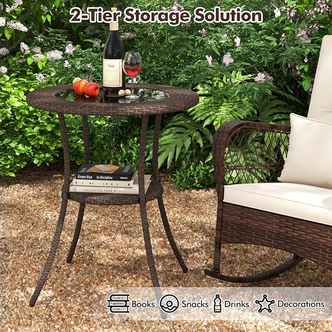 25.5" Round Patio Bistro Table w/Storage Shelf, PE Wicker Coffee Table w/Tempered Glass Top and Metal Legs, Outdoor Side Table for Garden, Balcony, Porch, Backyard