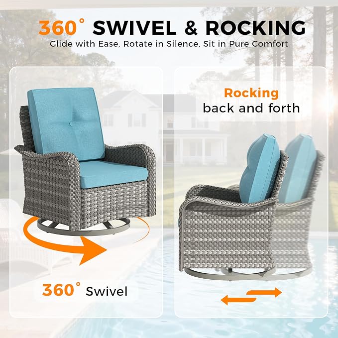 14-Seat Outdoor Wicker Patio Furniture Set with Fire Pit Table, Modular Rattan Sectional Sofa & 2 Swivel Rocking Chairs, 4" Thick Cushions, Rust-Resistant Frame,Blue
