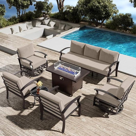 Patio Furniture Set 7-Piece Aluminum Armrest Sofa, Modern Outdoor Living Room Set with 55000 BTU Propane Aluminum Fireplace, Outdoor Rotary Joystick with Thick Cushion