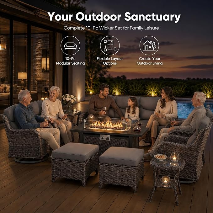 HUMMUH 10-Piece Wicker Patio Furniture Set with Fire Pit | 360-degree swivel chairs, 6-inch cushions, all-weather PE wicker, olefin fabric, 50000 BTU fire pit