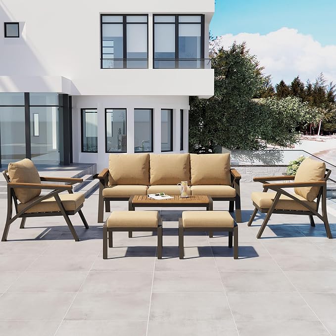 6-Piece Outdoor Patio Furniture Set, All Weather Conversation Set, Steel Frame Sofa Set with 3-Seat Couch, 2 Armchairs, 2 Ottomans & Acacia Wood Coffee Table for Backyard Garden (Brown-3.27)