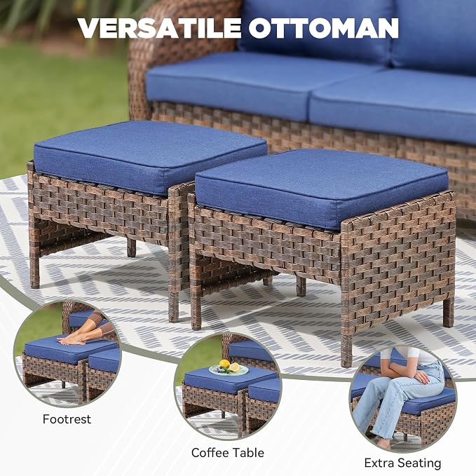 5 PCS Patio Furniture Set, Outdoor Wicker Loveseat & 2 Swivel Rocking Chairs with 2 Ottomans, 4-Inch Thick Olefin Cushions, 300 lbs Capacity Rattan Conversation Set for Porch, Backyard, Blue
