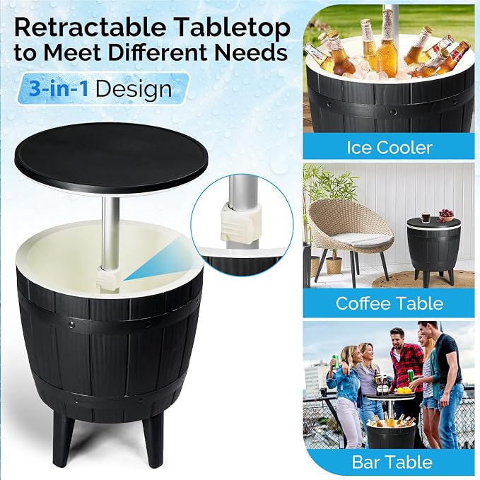 VINGLI 10 Gallon Patio Cooler Table, Portable Outdoor Party Bar with Pop-up Lid & Hidden Insulated Ice Chest, All-Weather Resin Side Table for Deck, Pool, Garden