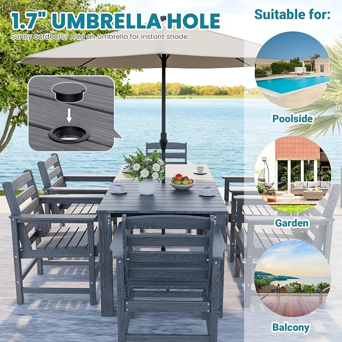 Dining Table Set, 10-Piece HDPE Outdoor Dining Set for 8, Gray | 2 Tables & 8 Chairs, 1.7" Umbrella Hole, 300 lb/Chair, Waterproof Wood-Grain Surface, 6-Box Delivery