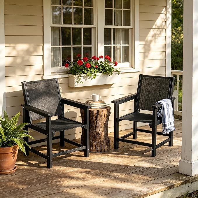 Amopatio Outdoor Chair HDPE Patio Dining Chair Set of 2 All Weather Patio Chairs with Textilene & Wide Seat for Backyard Balcony & Deck(Black)