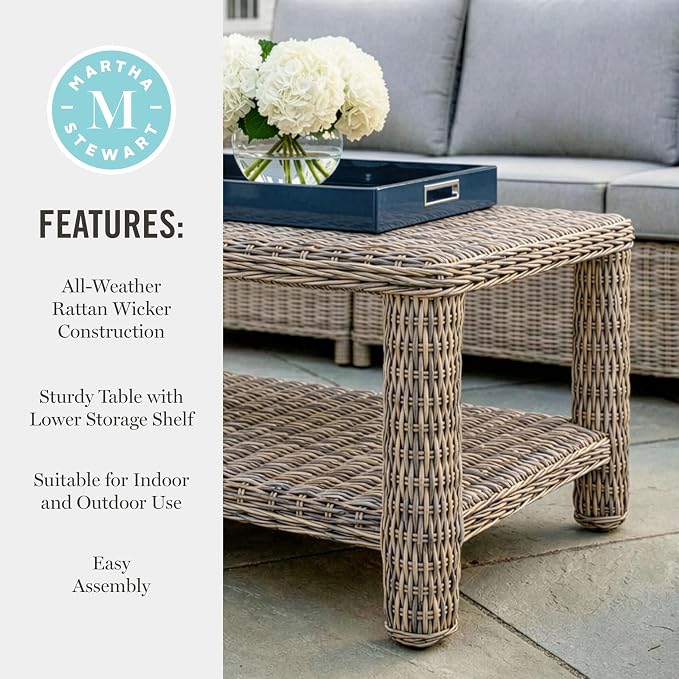 Martha Stewart Lily Pond Rattan Wicker Indoor-Outdoor Patio Coffee Table with Lower Storage Shelf in Weathered Gray