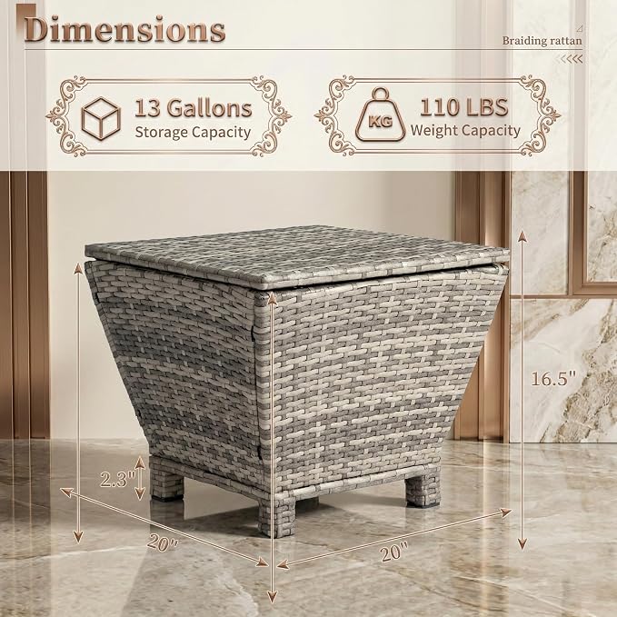 Outdoor PE Wicker Side Table with Storage, 13 Gallon Patio Storage Bin Container with Air Spring Lid, All-Weather Handwoven Rattan Coffee Table for Deck, Poolside & Garden, Grey (Gray)
