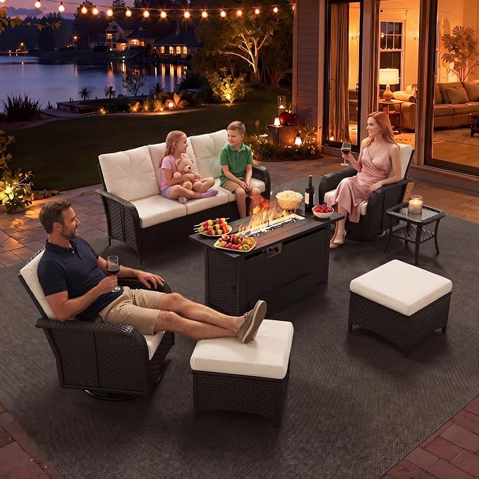 Aoxun 9-Piece Patio Furniture Set with 44” Fire Pit Table, Wicker Outdoor Sectional Sofa with High Back Swivel Rocker Chairs, Outdoor Patio Furniture Set with Thick Cushions & Ottoman, Beige