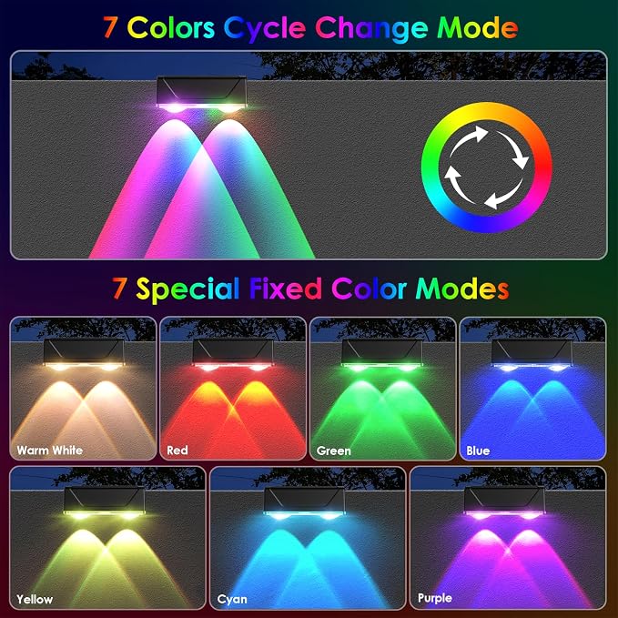 Solar Fence Lights Outdoor - Warm White & RGB 6 Color, Dusk to Dawn Deck Light, IP55 Waterproof Garden Lights for Outside/Backyard/Railing/Step/Patio/Wall (2PK)