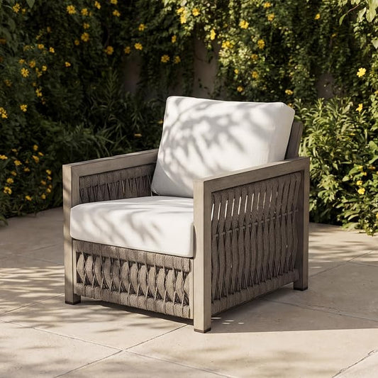 Patio Armchair, Rope Weave Outdoor Chair with Widened Armrests & Thick Cushions, All-Weather Aluminum Deep Seating Chair, Never Rust Patio Furniture for Garden, Porch, Deck, Gray Oak | Aluminum Frame