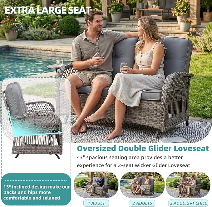 MEETWARM Outdoor Wicker Patio Glider Set, Loveseat for 2 Person Porch Furniture Glider with Glass-Top Coffee Table, Patio Glider Rocking Bench with Thickened Cushions, Gray