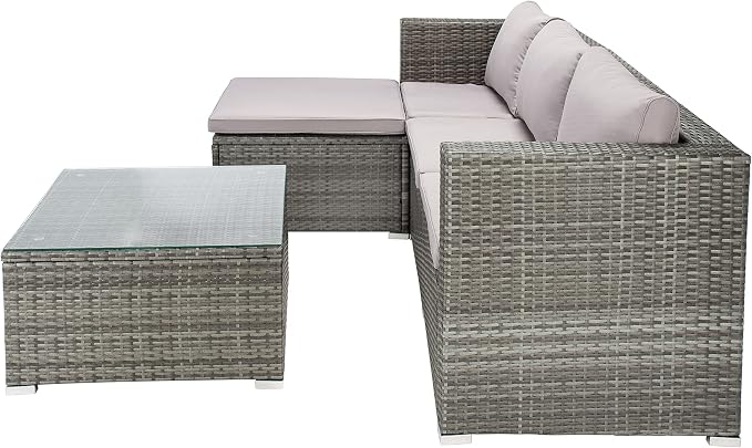 SAFAVIEH Outdoor - Madalina Sectional Set - Grey & Grey - Steel Frame with Cushion - Contemporary Sectional with Coffee Table - Ideal for Patio, Deck, Porch, Backyard (PAT7509B)