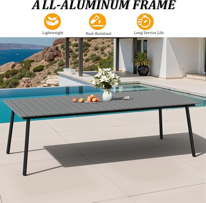 95" Patio Outdoor Dining Table for 8-10, Weather-Resistant Wood-Grain Top with Aluminum Frame & Umbrella Hole for Deck Gatherings, Grey