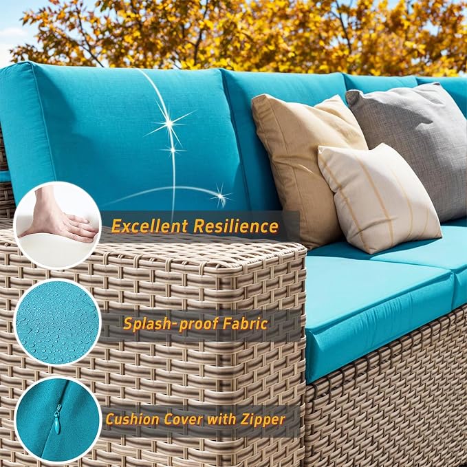 13 Pieces Patio Furniture Set with Fire Pit Table, Outdoor Sectional Wicker Sofa with Thickened Cushions and Coffee Table, High Back Rattan Patio Conversation Sets, Cyan