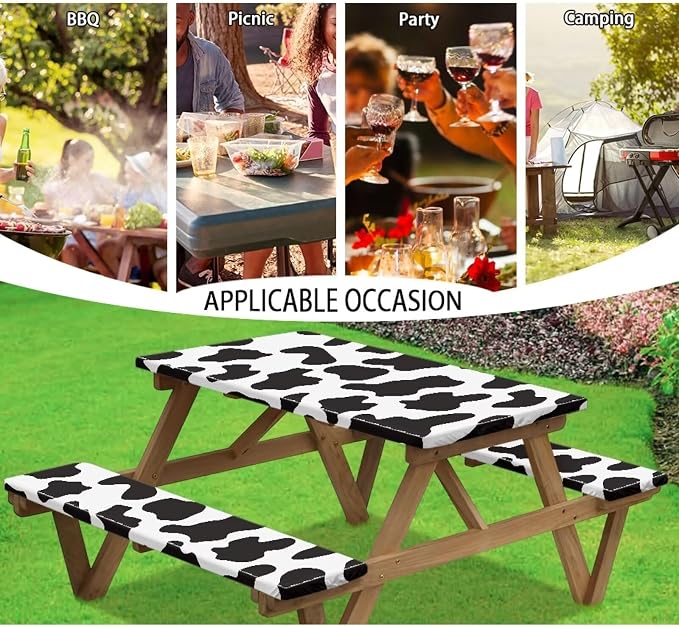 Cow Print Fitted Picnic Table Cover with Bench Covers Abrasion Resistant Picnic Table Cover Dustproof Waterproof 3 Piece Picnic Table Cover Set Fits Rectangular Tables and Seats 94x30 Inches