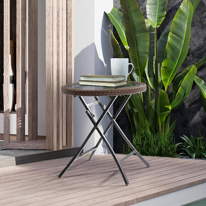 Outdoor Side Table, Folding Glass Outdoor Side Table with Woven Rattan Border, Small Foldable Patio Table with Tempered Glass Table Top for Lawn & Garden, Balcony, Porch and Pool, Round, 1 Pack