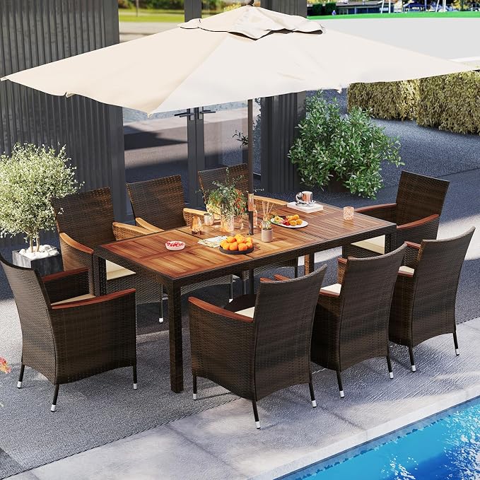 LDAILE Wicker Dining Sets Outdoor Patio, Dining Table Set for 8 Person, Table and Chairs Set with Acacia Wood & Water Resistant Cushions for Backyard Garden, Deuba Brown