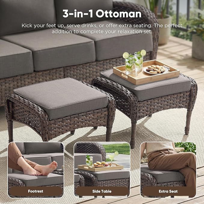 HUMMUH Outdoor Swivel Rocker Patio Chairs with Ottomans,Luxury 6-inch Thick Cushion High Back Patio Furniture Set,5PCS Wicker Conversation Set for Deck Yard and Poolside