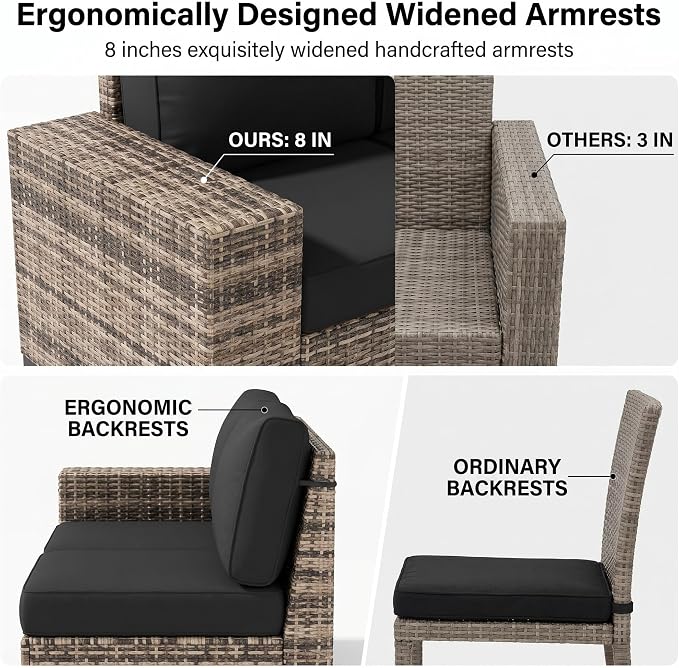 UDPATIO Patio Furniture Set with Fire Pit Table, L-Shaped 8" Armrest Sectional Set, All-Weather PE Rattan Conversation Furniture w ‌Thick Cushions, Coffee Table for Outdoor Backyard Porch Black