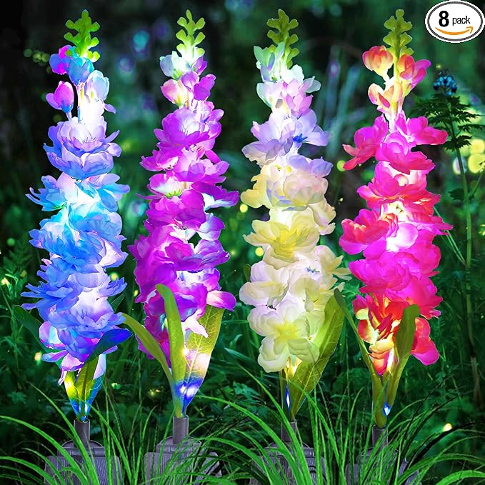 MRHEPHAESTUS Solar Garden Lights, Solar Delphinium Flowers Lights 8 Pack 160 LEDs, Waterproof Outdoor Light Two Lighting Modes for Wedding Party Garden Yard Patio Lawn Decor and Gift for Mother