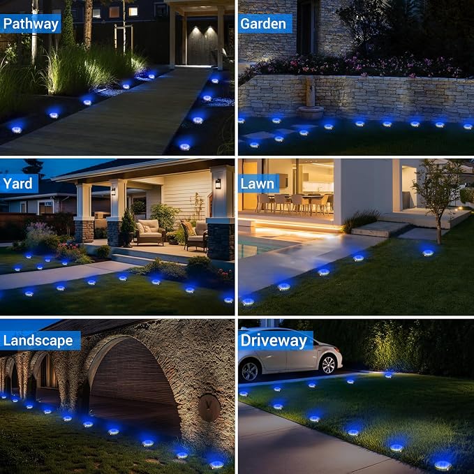 Solar Ground Lights Outdoor, 12 Pack Flat Solar Powered Disc Lights, IP68 Waterproof, Anti-Rust, Landscape Lighting for Pathway Garden Yard Lawn Walkway Landscape Driveway, Blue