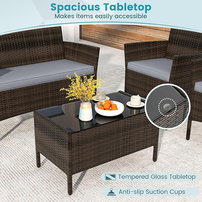 HAPPYGRILL 4 Pieces Outdoor Rattan Conversation Set, Patio Wicker Furniture Set with Loveseat Chairs & Tempered Glass Coffee Table, Outside Sectional Sofa Set for Backyard Garden Poolside