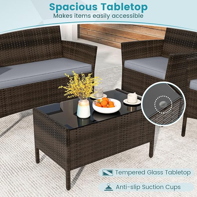 HAPPYGRILL 8 Pieces Outdoor Rattan Conversation Set, Patio Wicker Furniture Set with Loveseat Chairs & Tempered Glass Coffee Table, Outside Sectional Sofa Set for Backyard Garden Poolside