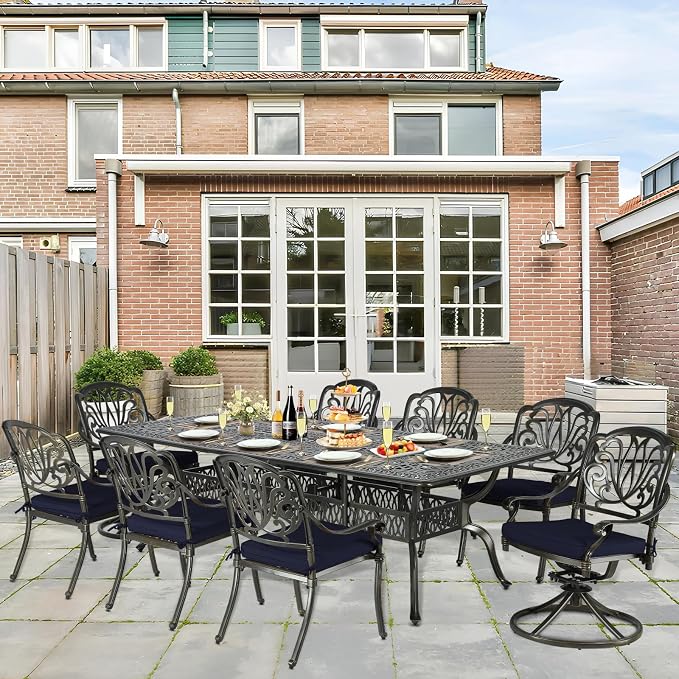 9-Piece Patio Cast Aluminum Dining Set, Outdoor Dining Furniture Set for 8, Includes 94.5" Rectangular Dining Table, 6 Stationary, 2 Swivel Dining Chairs with Umbrella Hole, Navy Blue